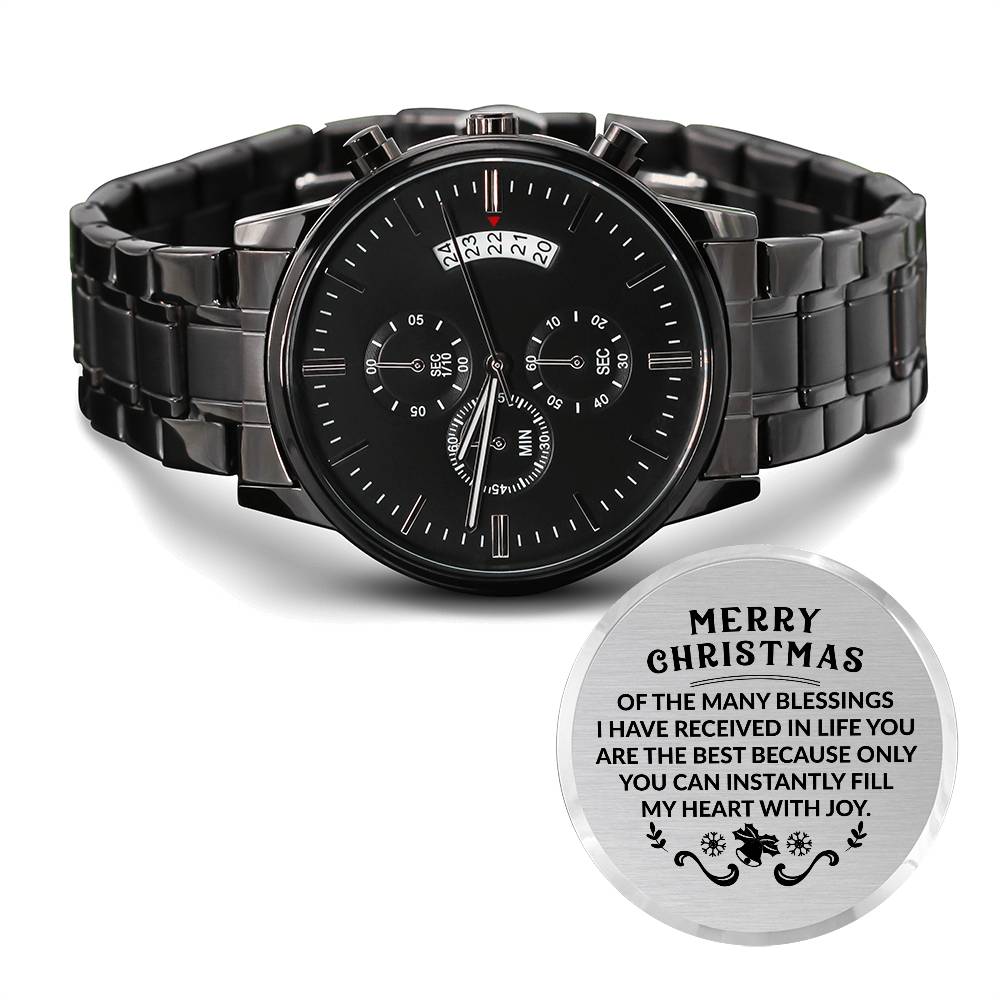 Merry Christmas | Engraved Design Black Chronograph Watch