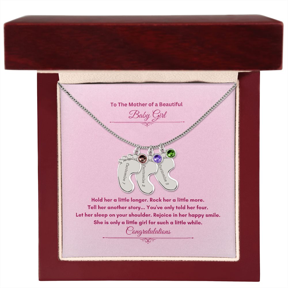 To The Mother Of A Beautiful Baby Girl | Custom Baby Feet Necklace with Birthstone