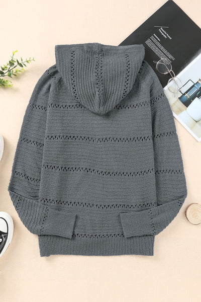 Zip-Up Raglan Sleeve Openwork Hooded Cardigan