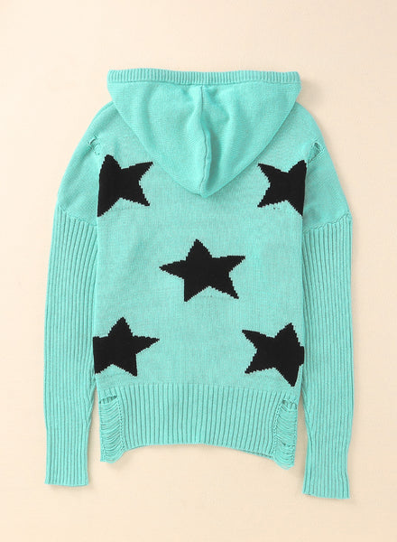 Star Distressed Slit Hooded Sweater