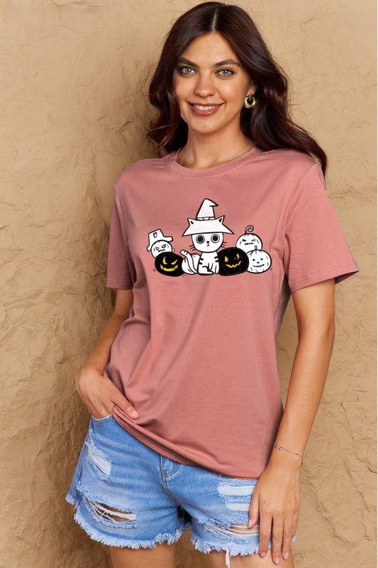 Simply Love Full Size Cat & Pumpkin Graphic Cotton T-Shirt