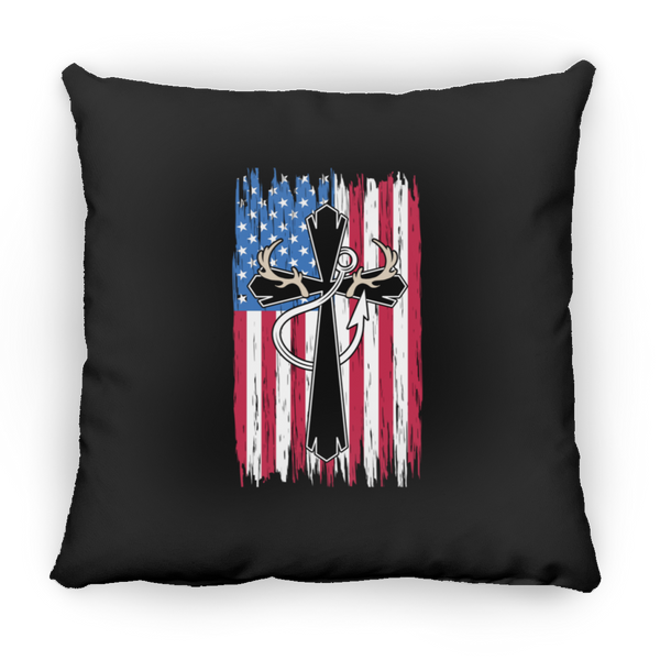 American Flag, Antlers, & Fishing Hook Square Pillow