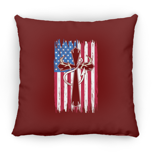 American Flag, Antlers, & Fishing Hook Square Pillow