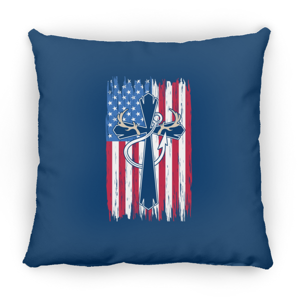 American Flag, Antlers, & Fishing Hook Square Pillow