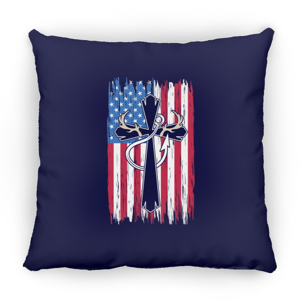 American Flag, Antlers, & Fishing Hook Square Pillow