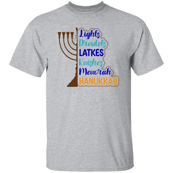 Lights, Dreidels, Latkes, Kuishes, Menorah, & Hanukkah T-Shirt