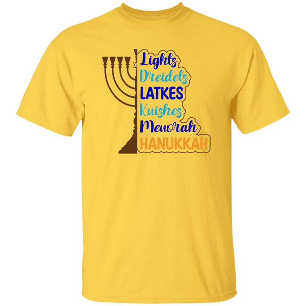 Lights, Dreidels, Latkes, Kuishes, Menorah, & Hanukkah T-Shirt