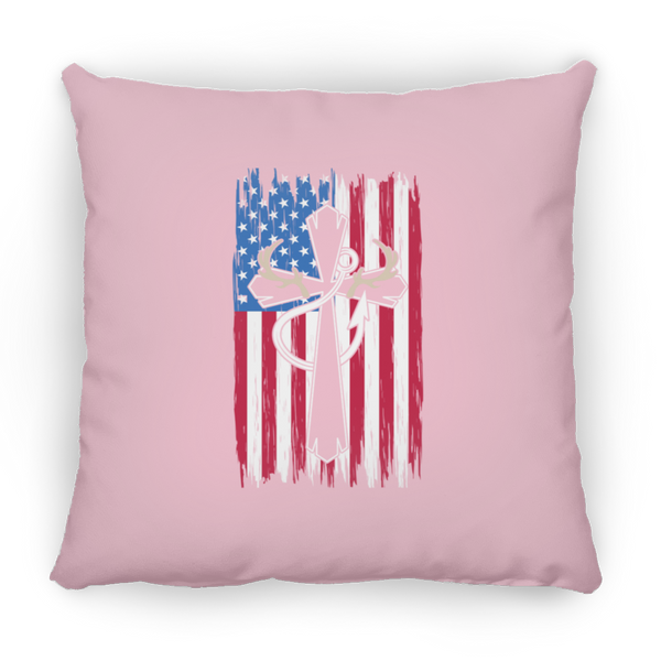 American Flag, Antlers, & Fishing Hook Square Pillow