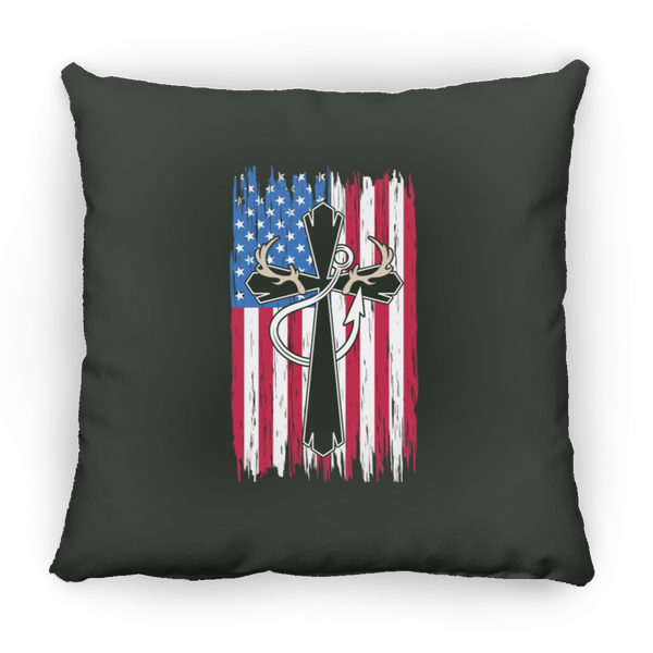 American Flag, Antlers, & Fishing Hook Square Pillow