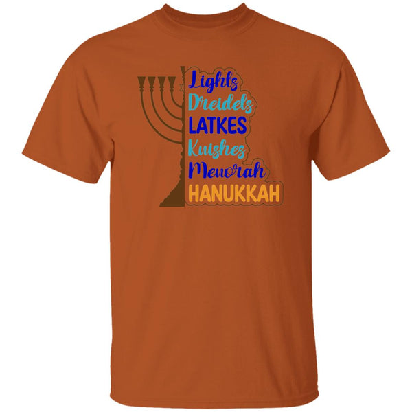 Lights, Dreidels, Latkes, Kuishes, Menorah, & Hanukkah T-Shirt