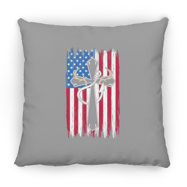 American Flag, Antlers, & Fishing Hook Square Pillow