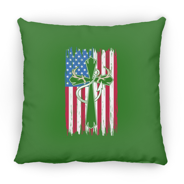 American Flag, Antlers, & Fishing Hook Square Pillow