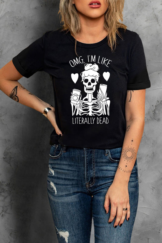 Halloween Skeleton Graphic Round Neck Tee