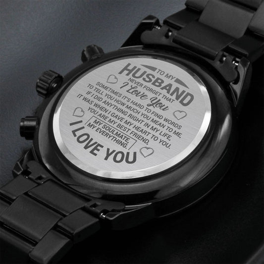 To My Husband Engraved Black Chronograph Watch