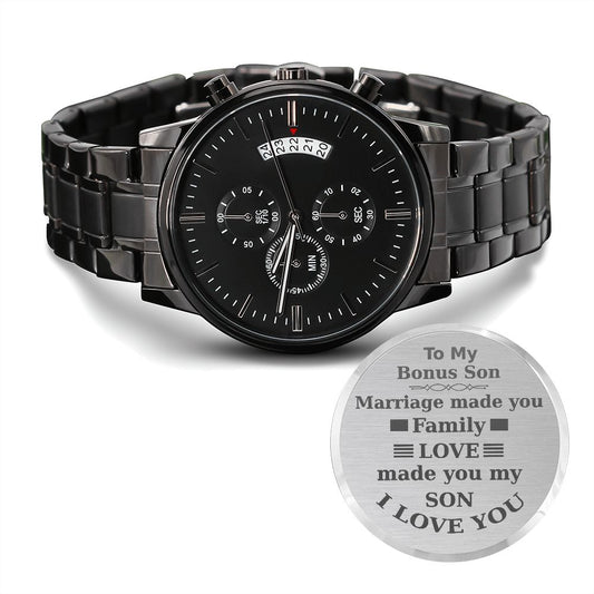 To My Bonus Son | I Love You | Engraved Design Black Chronograph Watch