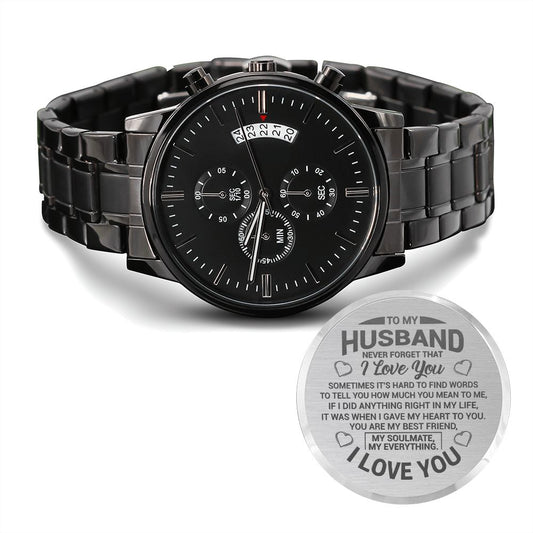 To My Husband Engraved Black Chronograph Watch