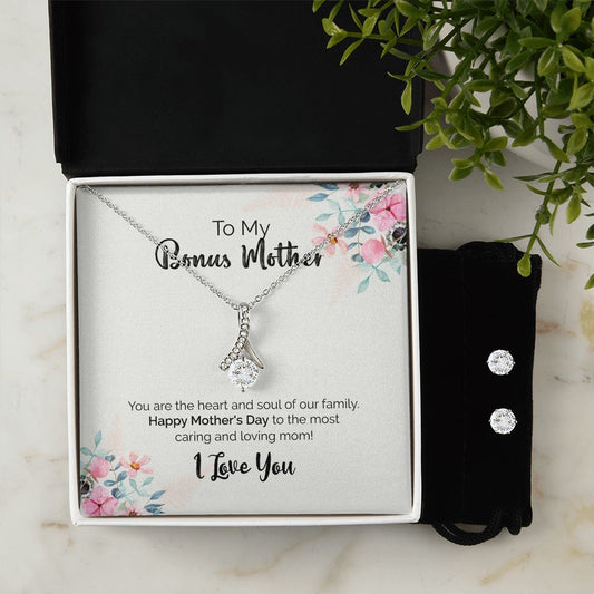 To My Bonus Mother | I Love You | Alluring Beauty Necklace and Cubic Zirconia Earring Set