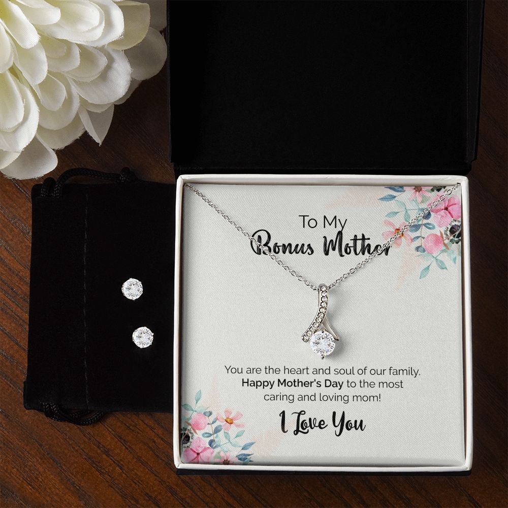 To My Bonus Mother | I Love You | Alluring Beauty Necklace and Cubic Zirconia Earring Set