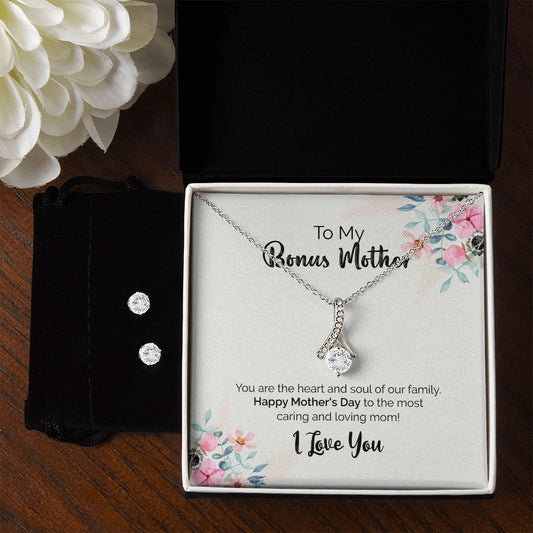 To My Bonus Mother | I Love You | Alluring Beauty Necklace and Cubic Zirconia Earring Set