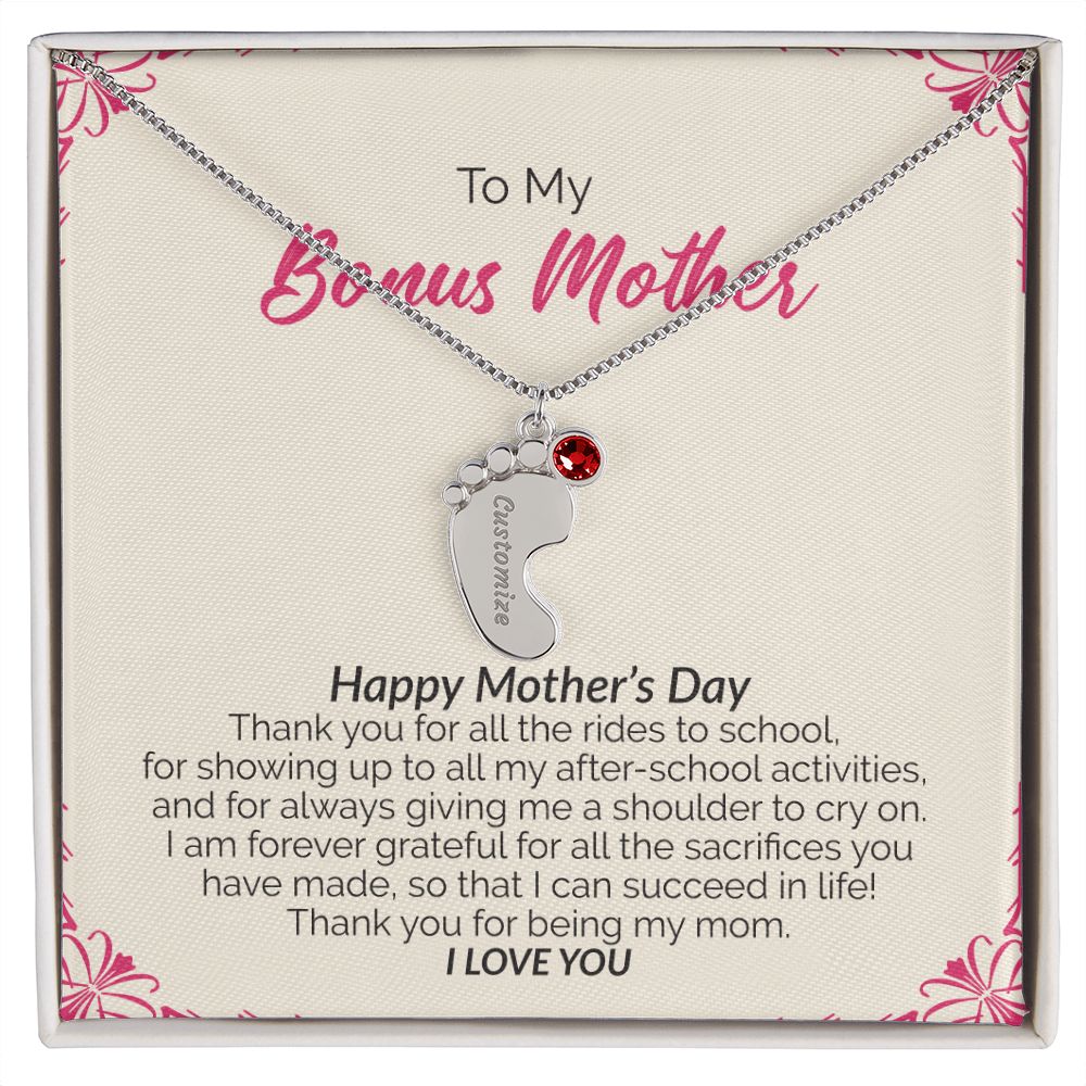 To My Bonus Mother | Happy Mother's Day I Love You | Custom Baby Feet Necklace with Birthstone