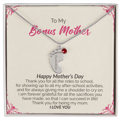 To My Bonus Mother | Happy Mother's Day I Love You | Custom Baby Feet Necklace with Birthstone