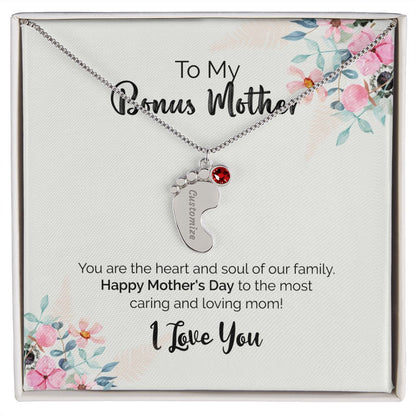 To My Bonus Mother | I Love You | Custom Baby Feet Necklace with Birthstone