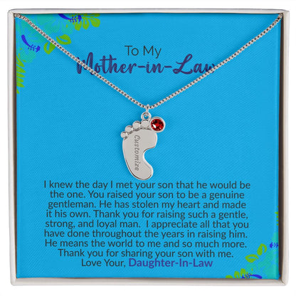 To My Mother-In-Law | Love Your Daughter-In-Law | Custom Baby Feet Necklace with Birthstone