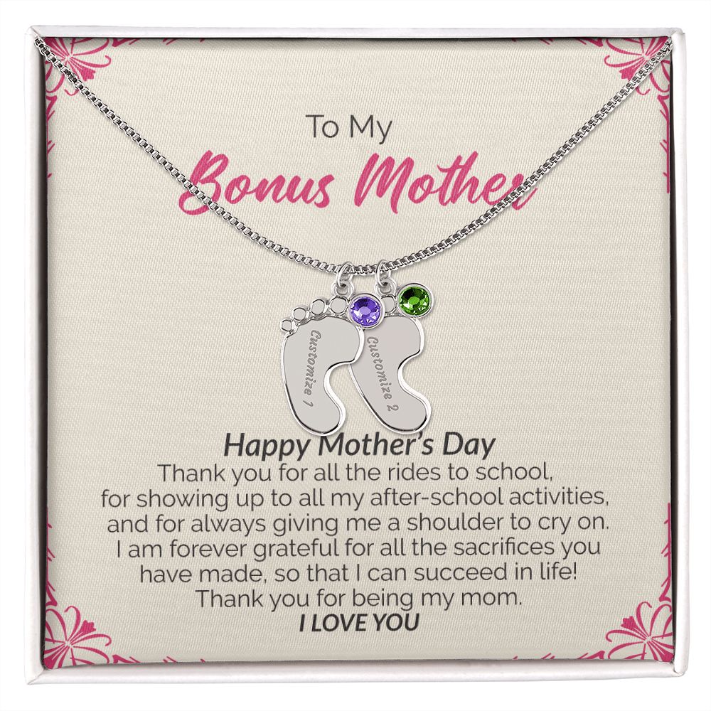 To My Bonus Mother | Happy Mother's Day I Love You | Custom Baby Feet Necklace with Birthstone