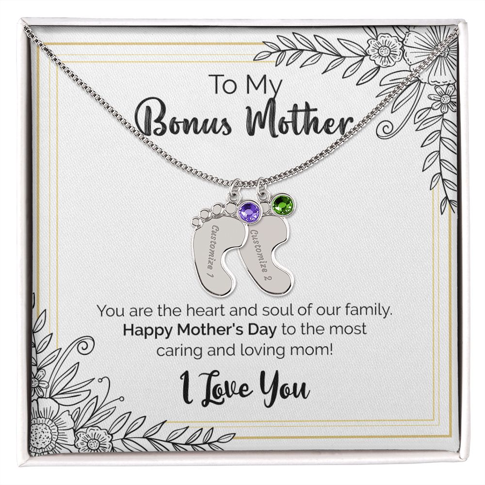 To My Bonus Mother | Happy Mother's Day | Custom Baby Feet Necklace with Birthstone