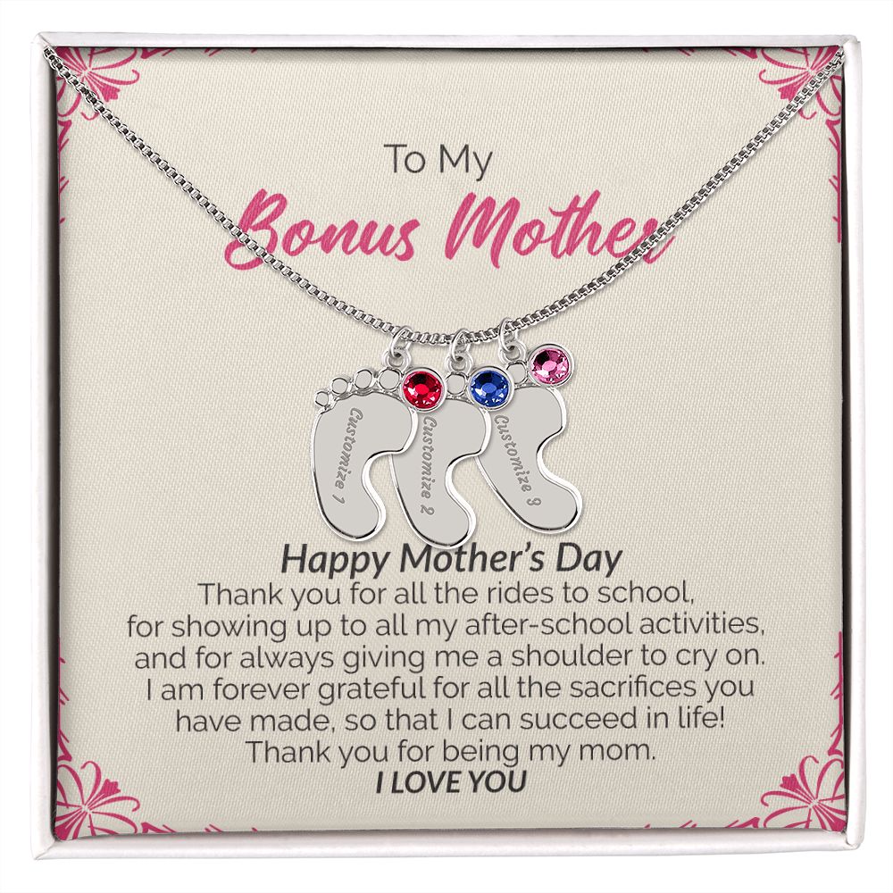 To My Bonus Mother | Happy Mother's Day I Love You | Custom Baby Feet Necklace with Birthstone