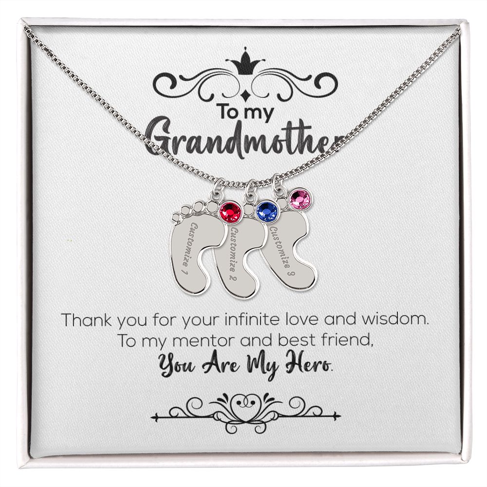 To My Grandmother | You Are My Hero | Custom Baby Feet Necklace with Birthstone