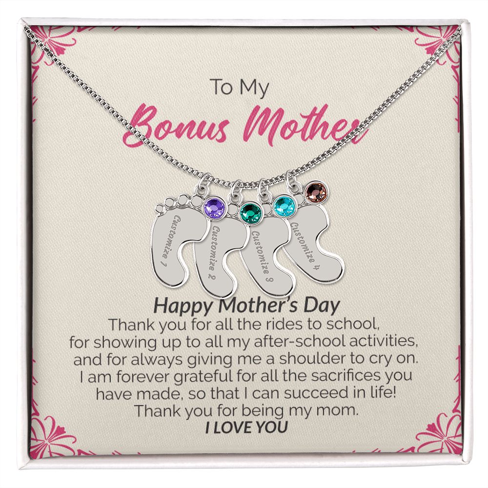 To My Bonus Mother | Happy Mother's Day I Love You | Custom Baby Feet Necklace with Birthstone