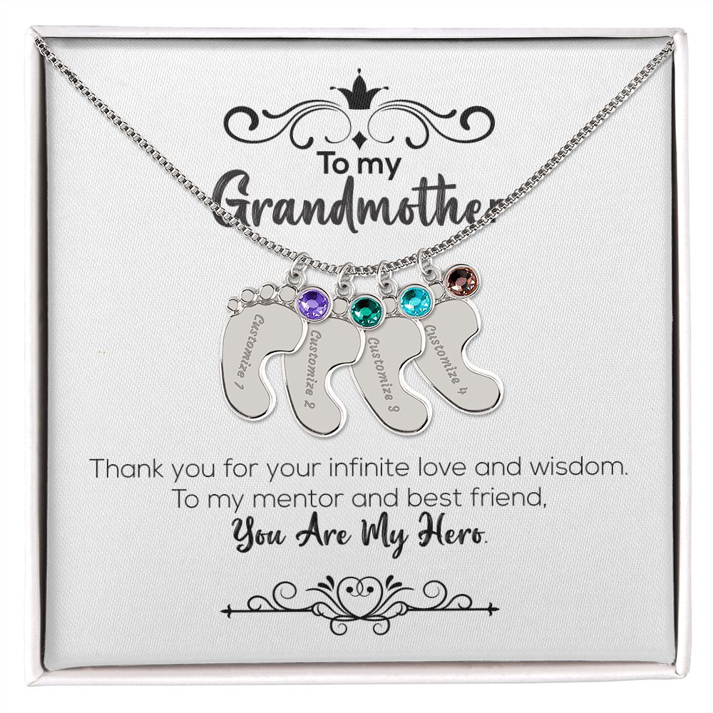 To My Grandmother | You Are My Hero | Custom Baby Feet Necklace with Birthstone