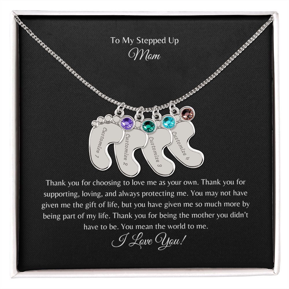 To My Stepped Up Mom | I Love You | Custom Baby Feet Necklace with Birthstone