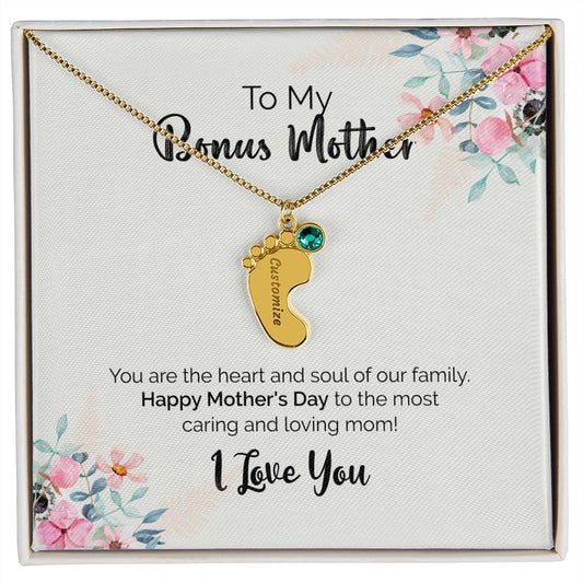 To My Bonus Mother | I Love You | Custom Baby Feet Necklace with Birthstone