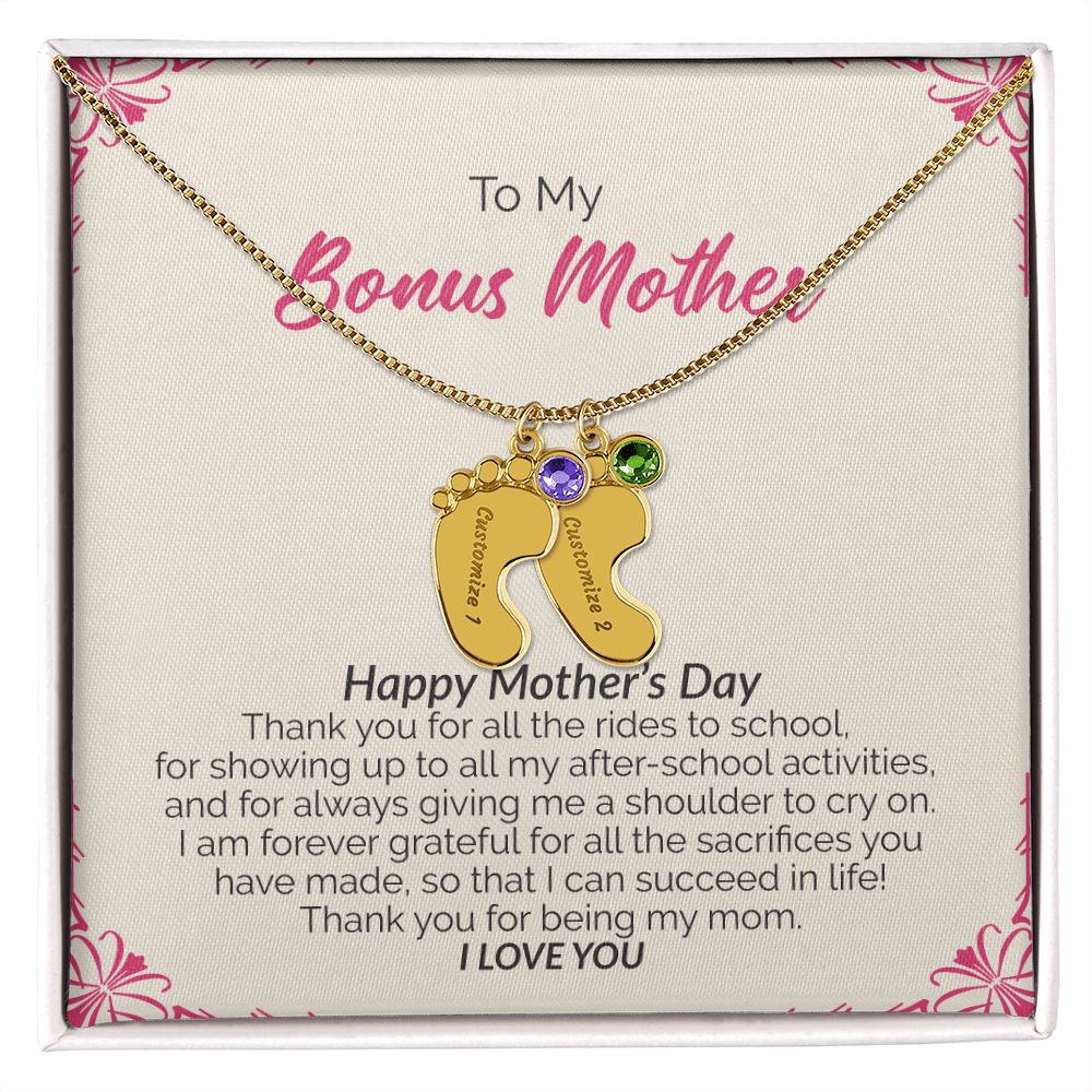 To My Bonus Mother | Happy Mother's Day I Love You | Custom Baby Feet Necklace with Birthstone