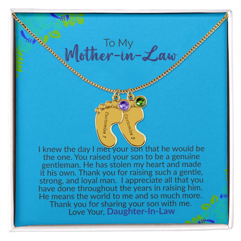 To My Mother-In-Law | Love Your Daughter-In-Law | Custom Baby Feet Necklace with Birthstone