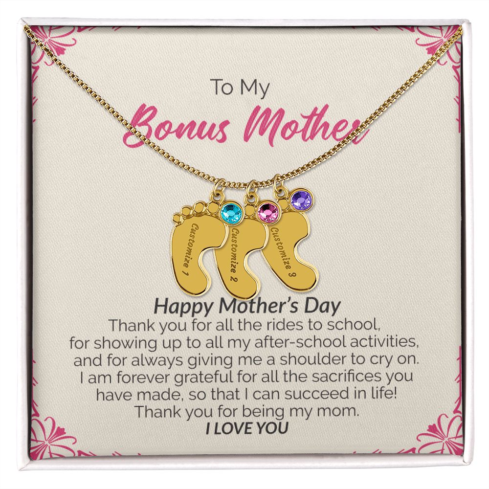 To My Bonus Mother | Happy Mother's Day I Love You | Custom Baby Feet Necklace with Birthstone