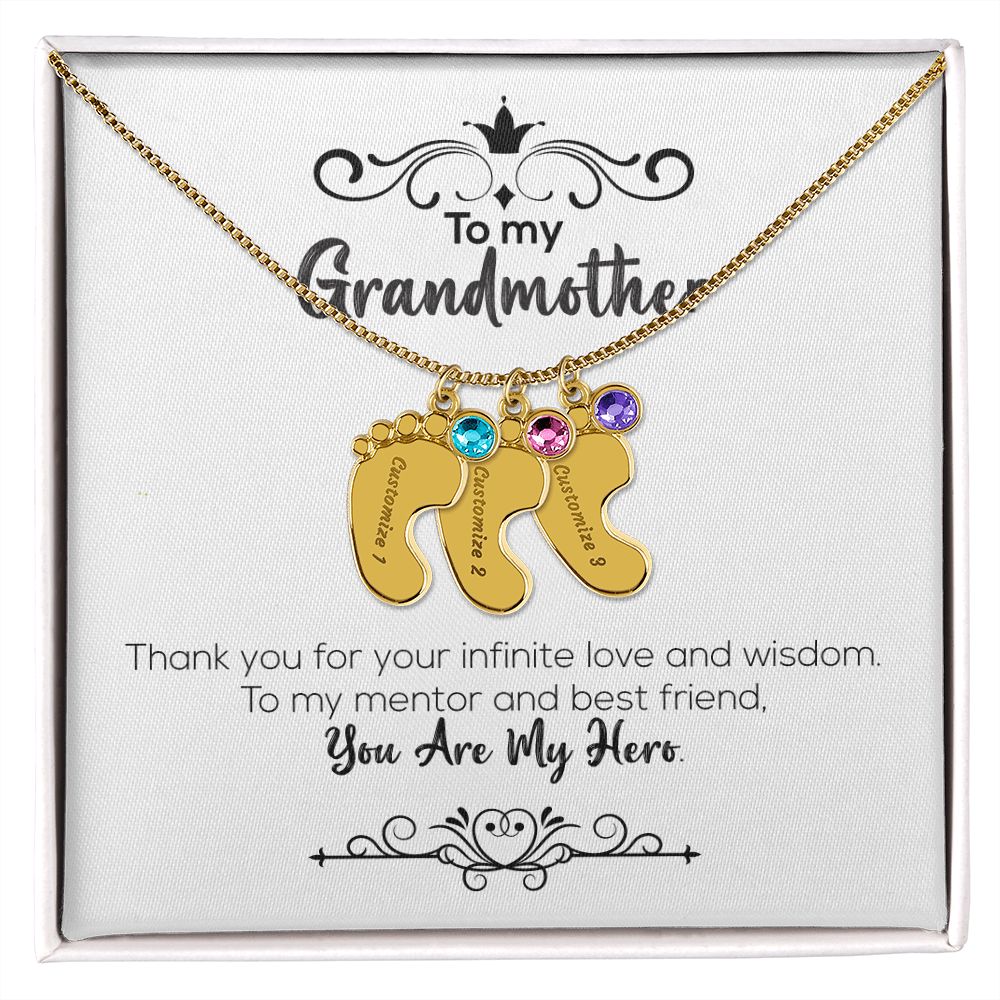 To My Grandmother | You Are My Hero | Custom Baby Feet Necklace with Birthstone