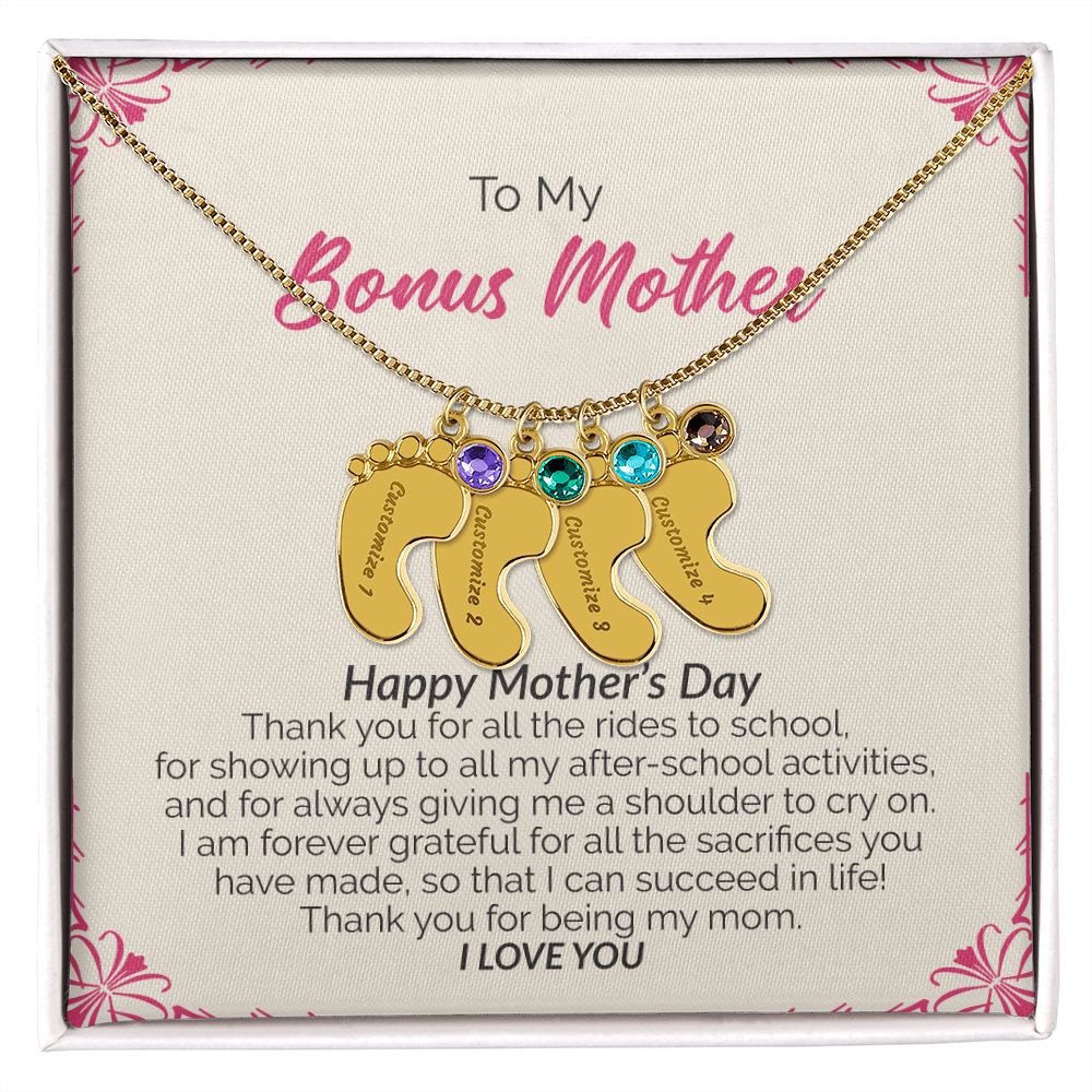 To My Bonus Mother | Happy Mother's Day I Love You | Custom Baby Feet Necklace with Birthstone