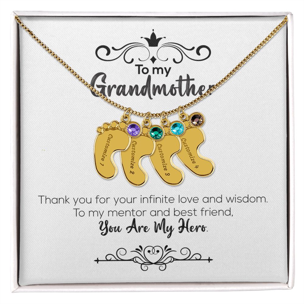 To My Grandmother | You Are My Hero | Custom Baby Feet Necklace with Birthstone