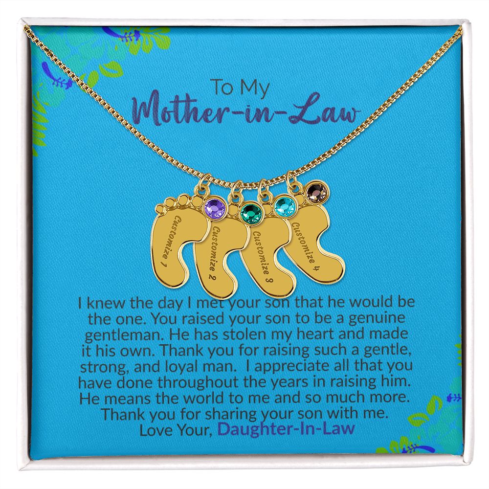 To My Mother-In-Law | Love Your Daughter-In-Law | Custom Baby Feet Necklace with Birthstone