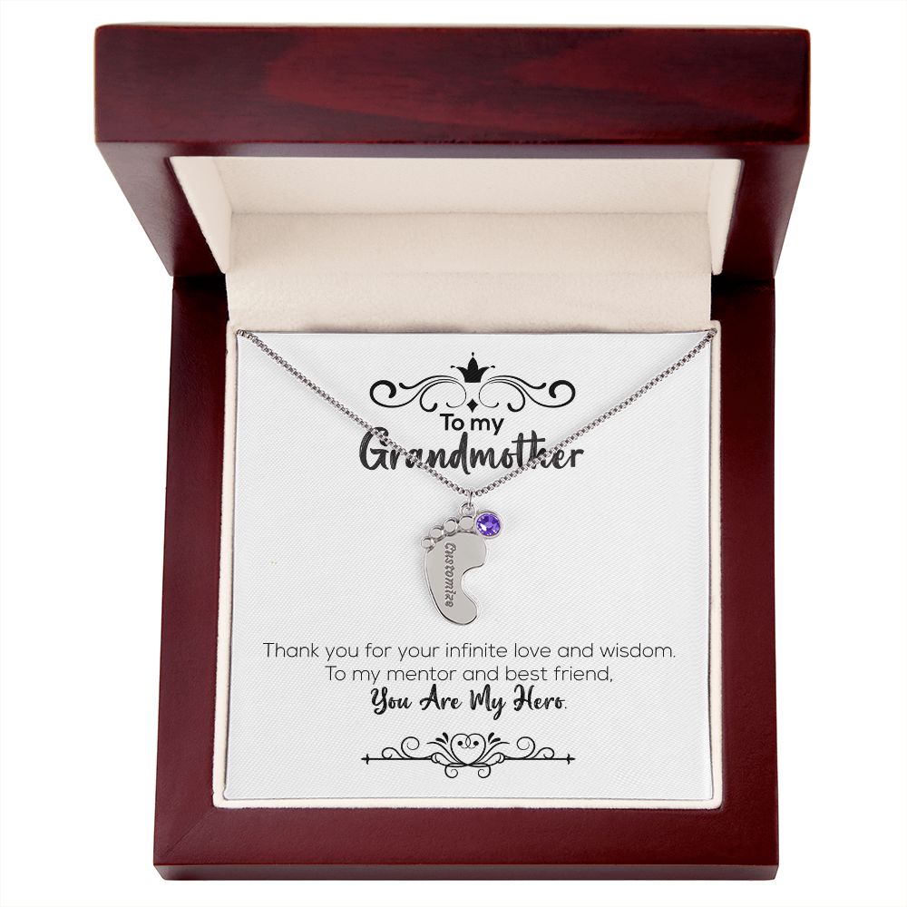 To My Grandmother | You Are My Hero | Custom Baby Feet Necklace with Birthstone