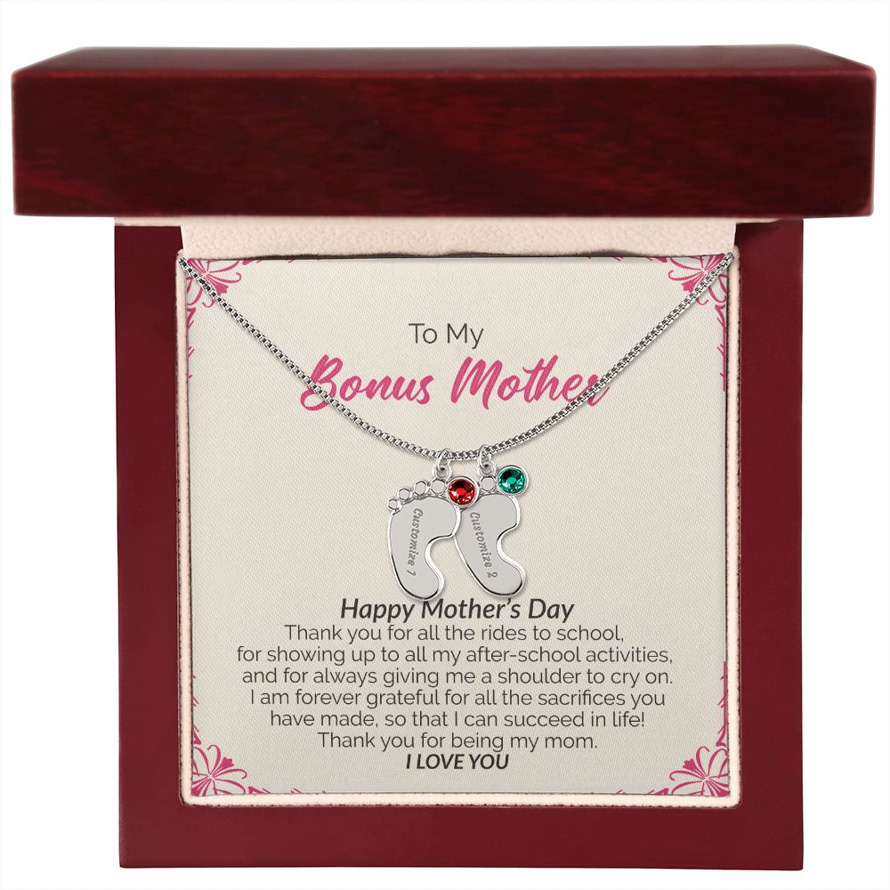 To My Bonus Mother | Happy Mother's Day I Love You | Custom Baby Feet Necklace with Birthstone