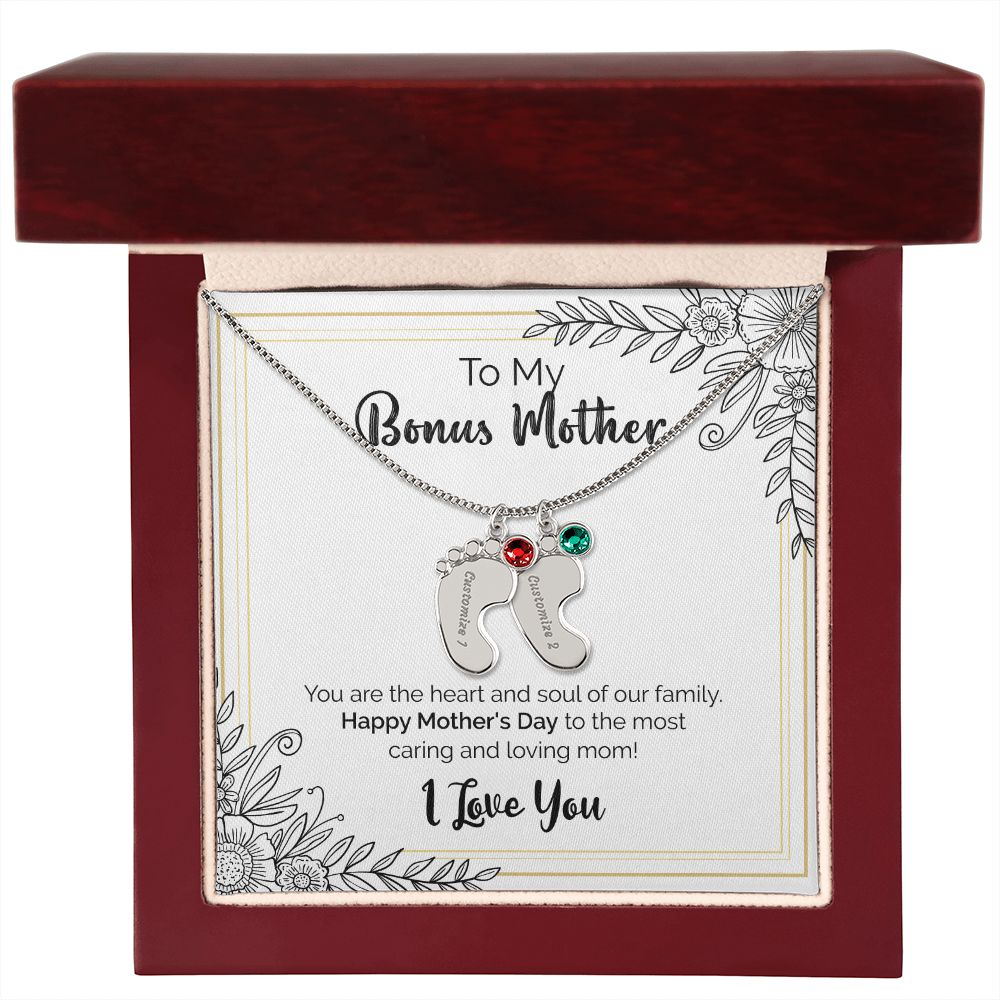 To My Bonus Mother | Happy Mother's Day | Custom Baby Feet Necklace with Birthstone