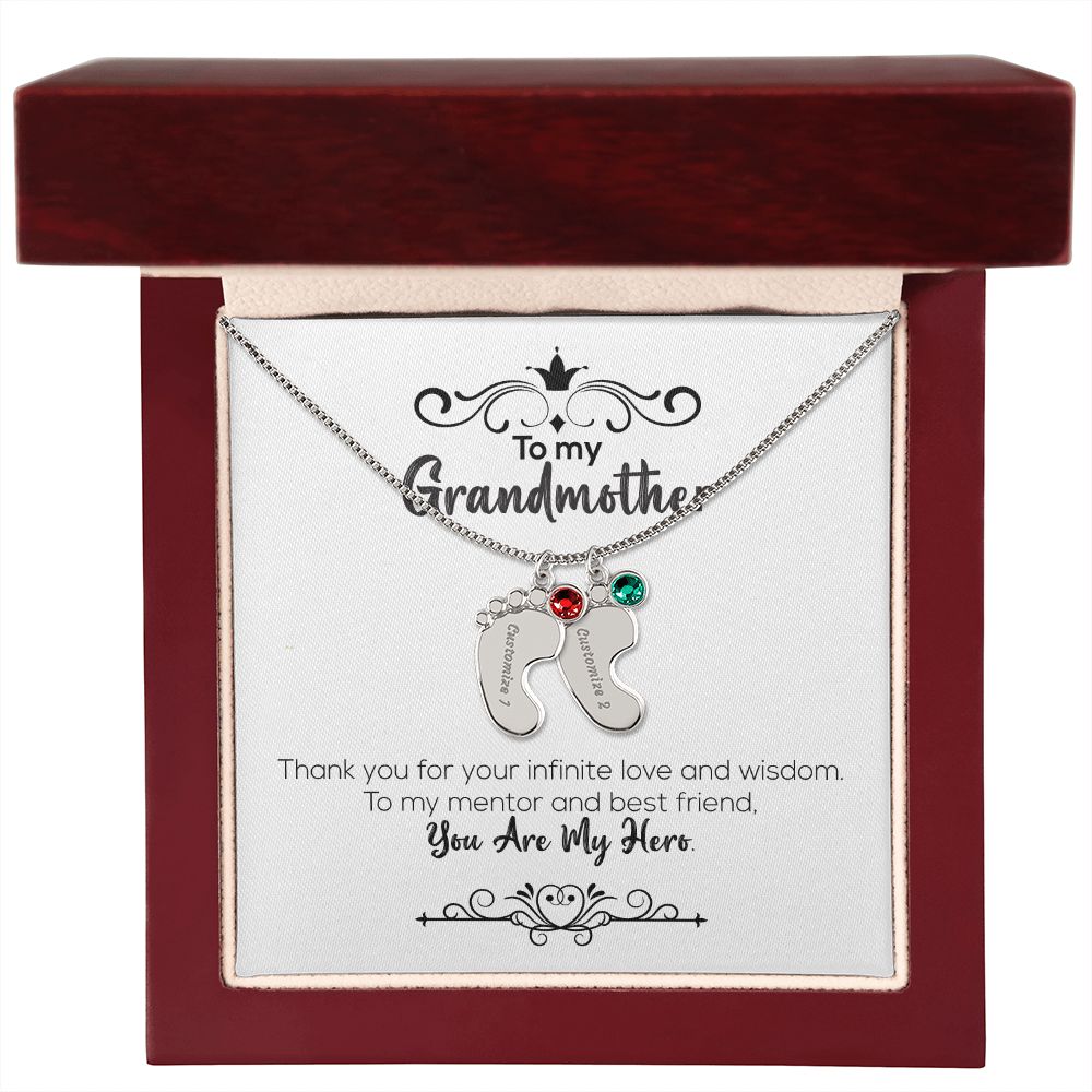 To My Grandmother | You Are My Hero | Custom Baby Feet Necklace with Birthstone