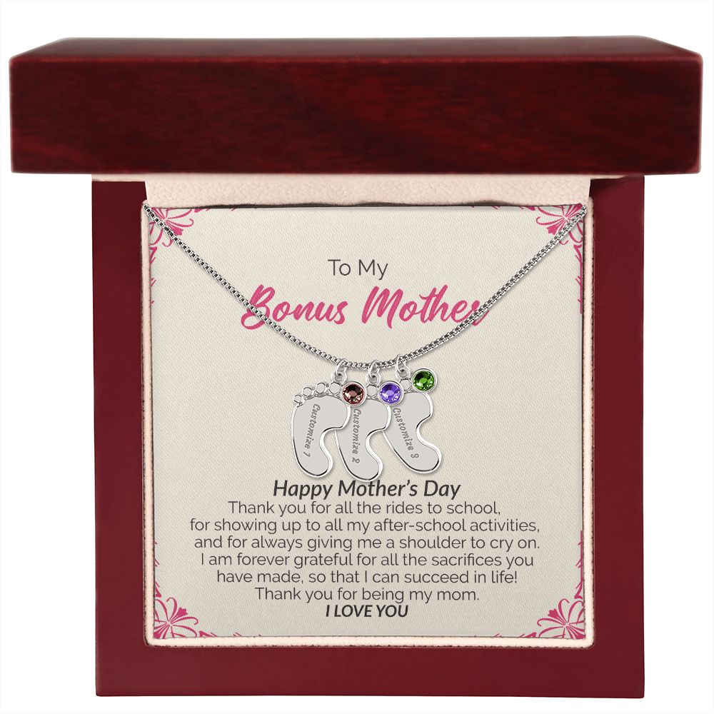 To My Bonus Mother | Happy Mother's Day I Love You | Custom Baby Feet Necklace with Birthstone