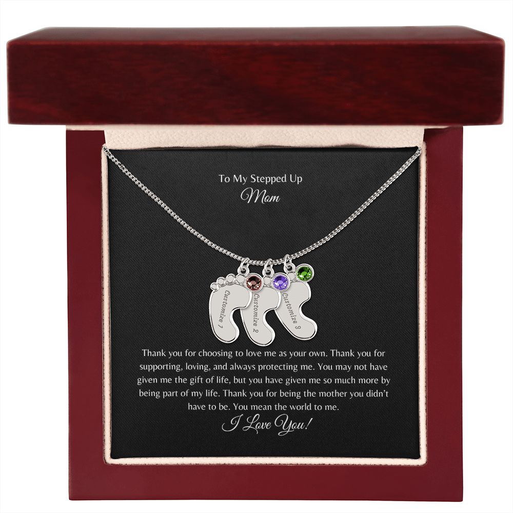 To My Stepped Up Mom | I Love You | Custom Baby Feet Necklace with Birthstone