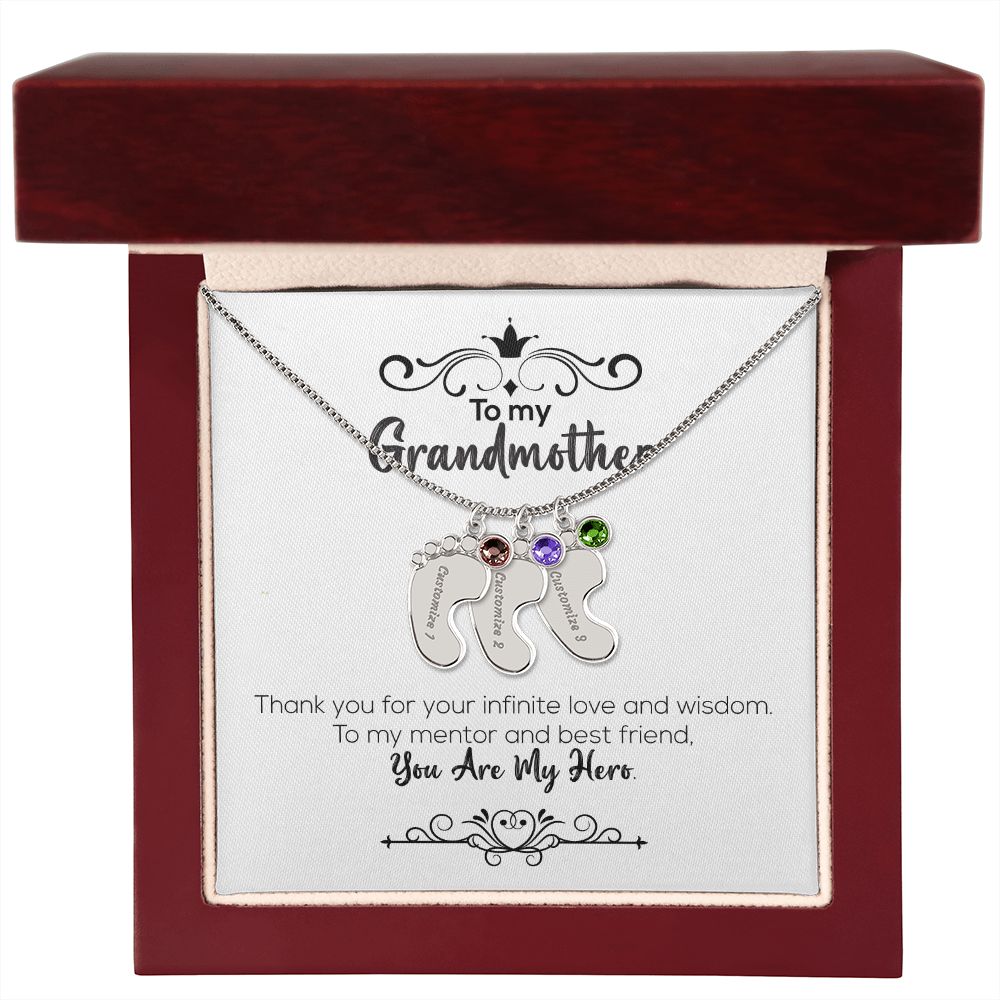 To My Grandmother | You Are My Hero | Custom Baby Feet Necklace with Birthstone