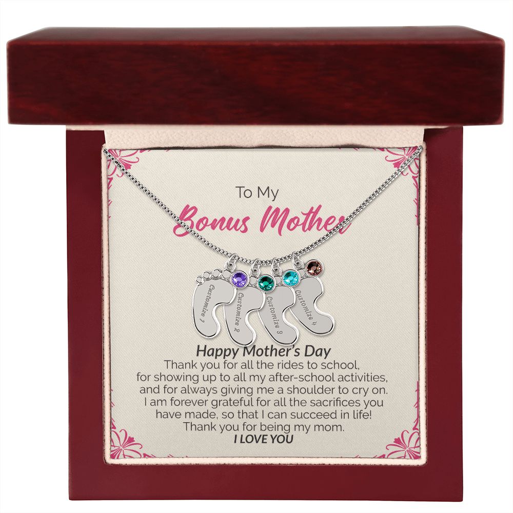 To My Bonus Mother | Happy Mother's Day I Love You | Custom Baby Feet Necklace with Birthstone